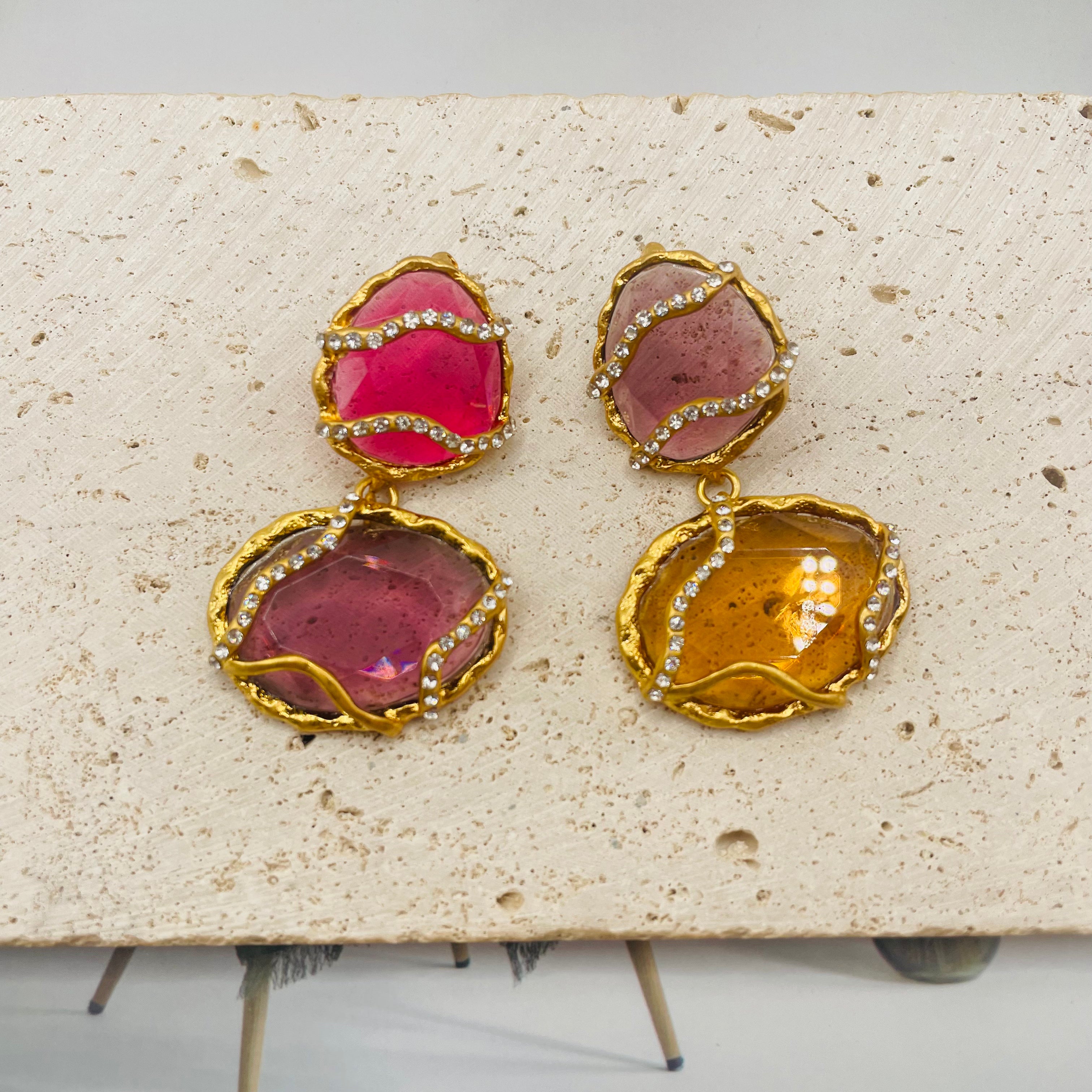 JI JEWELRY WHOLESALE, Multi-color diamond necklace and earrings, earrings available in 2 sizes.