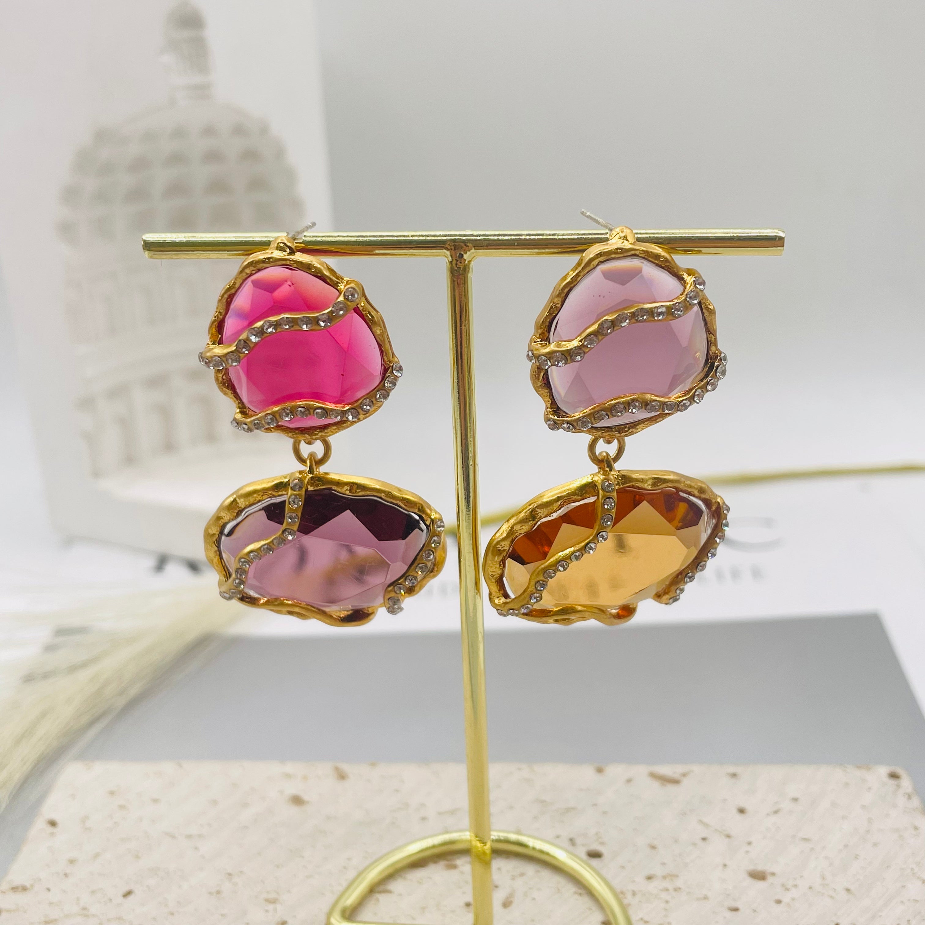 JI JEWELRY WHOLESALE, Multi-color diamond necklace and earrings, earrings available in 2 sizes.