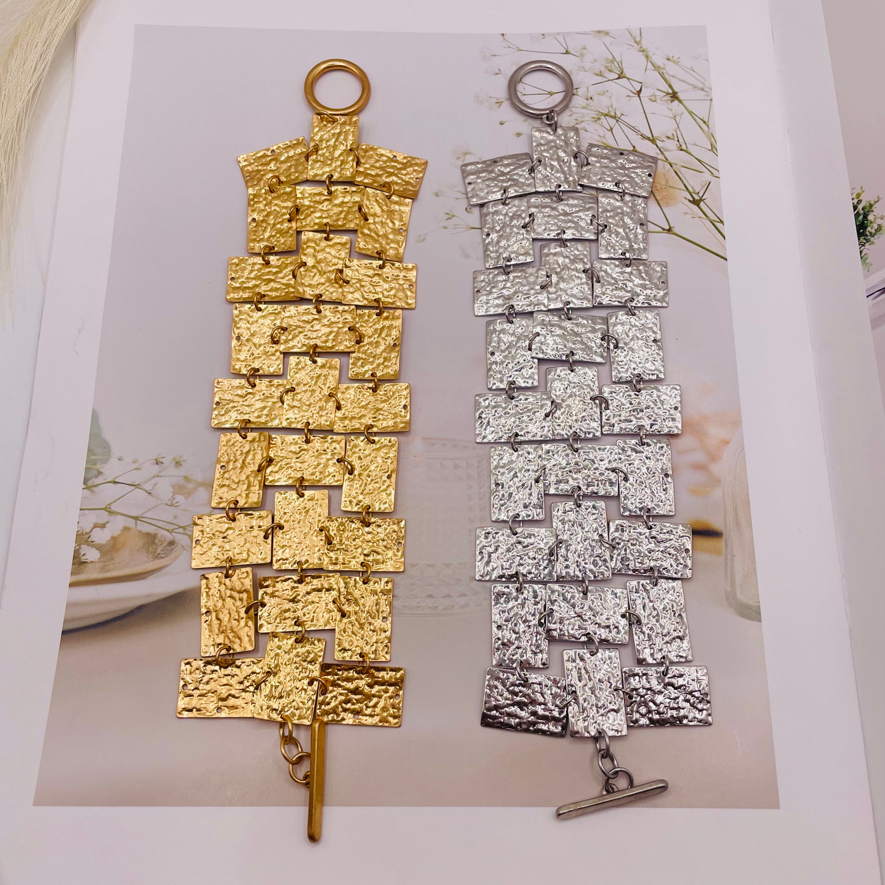 Brazalete de Cuadros Entrelazados - Oro/Plata|venta al poro mayor|JI JOYA