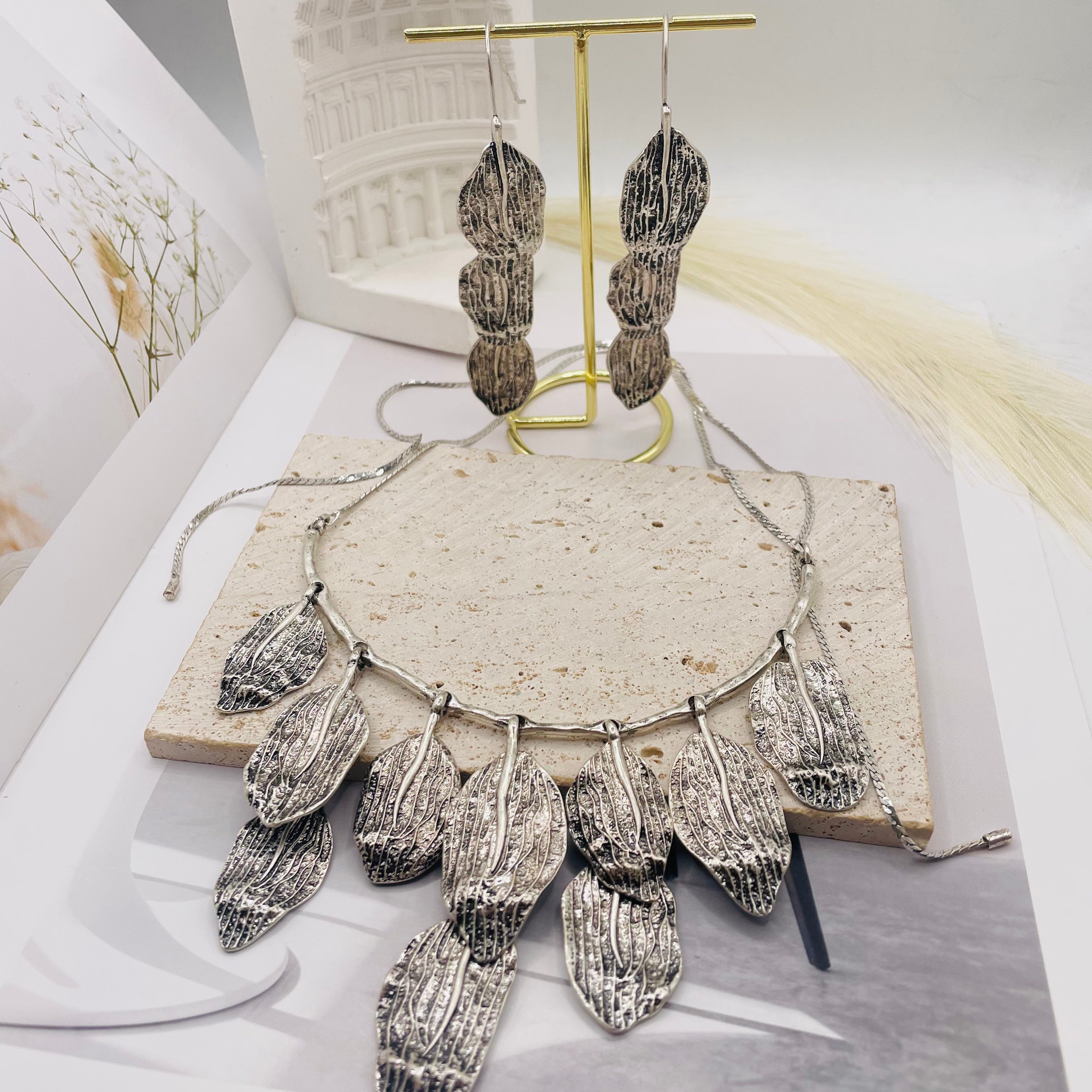 JI JOYA VENTA AL POR MAYOR,Collar y pendientes de estilo hoja de moda