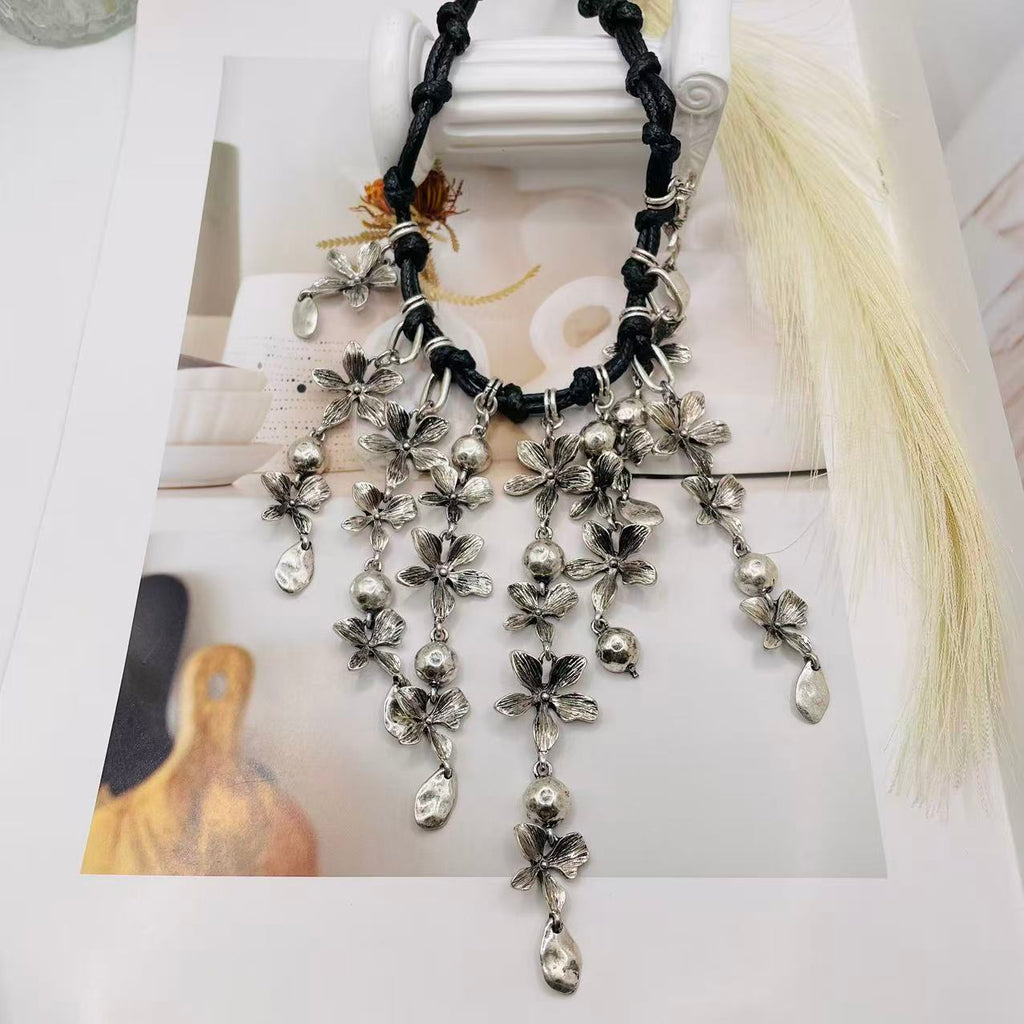 JI JOYA VENTA AL POR MAYOR,Collar de cuerda con flores y borlas