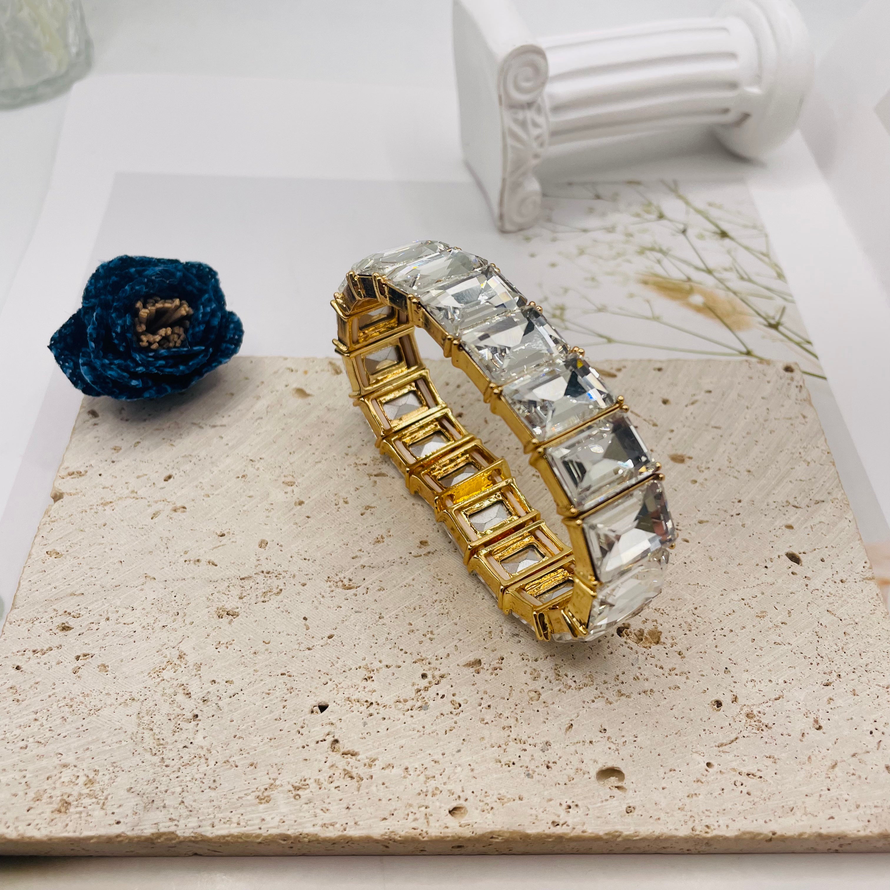 JI JOYA VENTA AL POR MAYOR|Pulsera de Cristal Cuadrado en Oro | Pulsera de Lujo al Por Mayor (Verde/Transparente)