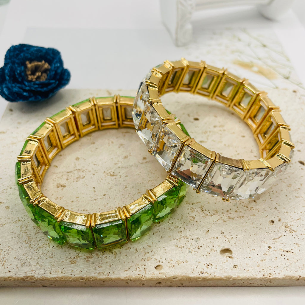 JI JOYA VENTA AL POR MAYOR|Pulsera de Cristal Cuadrado en Oro | Pulsera de Lujo al Por Mayor (Verde/Transparente)
