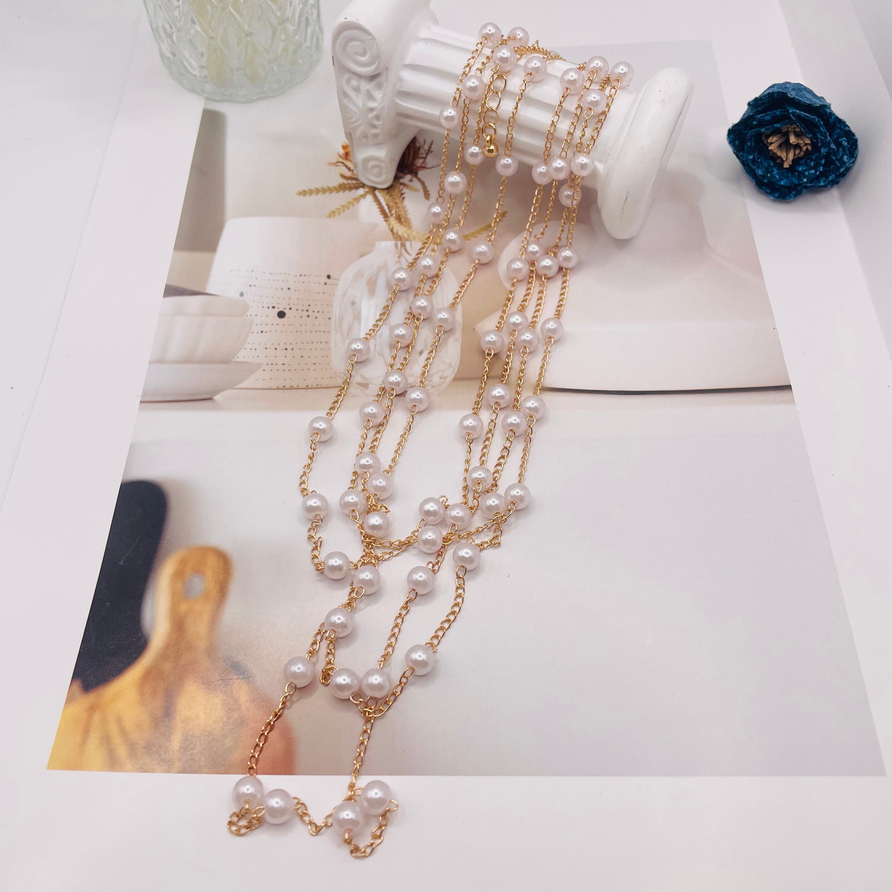 JI JOYA VENTA AL POR MAYOR,Collar sencillo de varias capas con pequeñas perlas