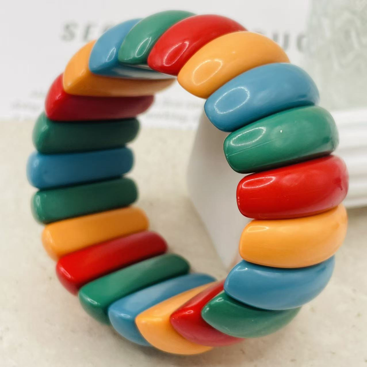 JI JOYA VENTA AL POR MAYOR|Pulsera Elástica de Resina Multicolor | Brazalete Retro Colorido para Mujer | Moda Verano Mayorista