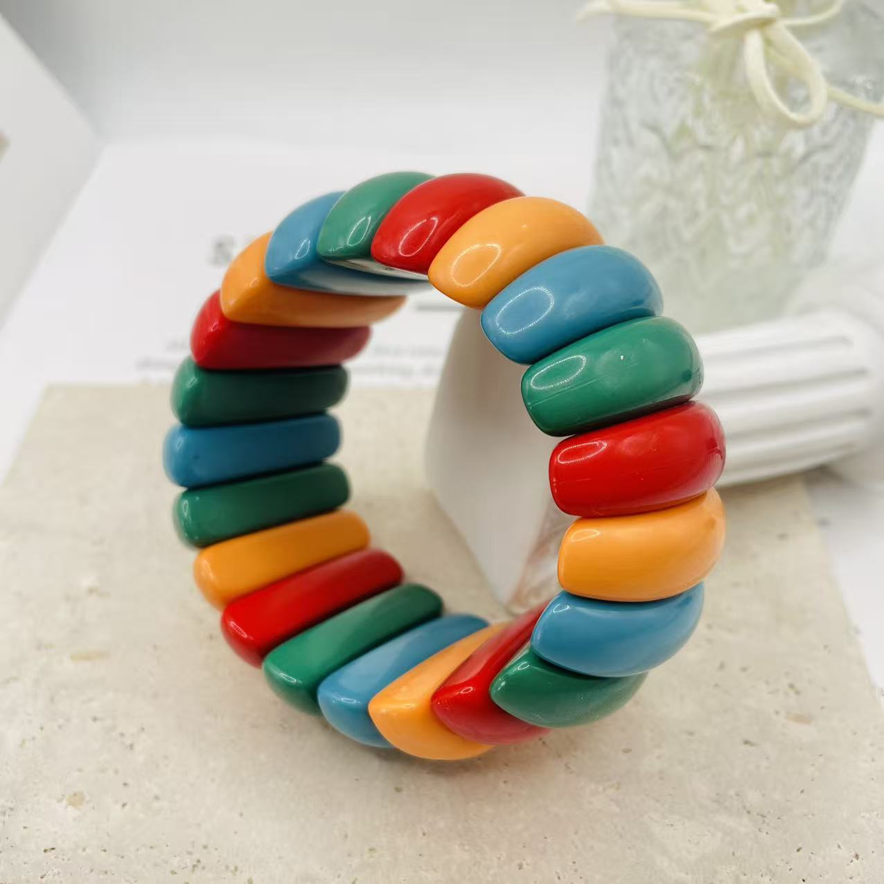JI JOYA VENTA AL POR MAYOR|Pulsera Elástica de Resina Multicolor | Brazalete Retro Colorido para Mujer | Moda Verano Mayorista