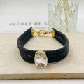 JI JOYA VENTA AL POR MAYOR|Pulsera Trenzada de Cuero con Piedra de Cristal Ovalada | Moda Elegante para Mujer | 2 Colores Disponibles (Vino Negro) | Joyería al Por Mayor