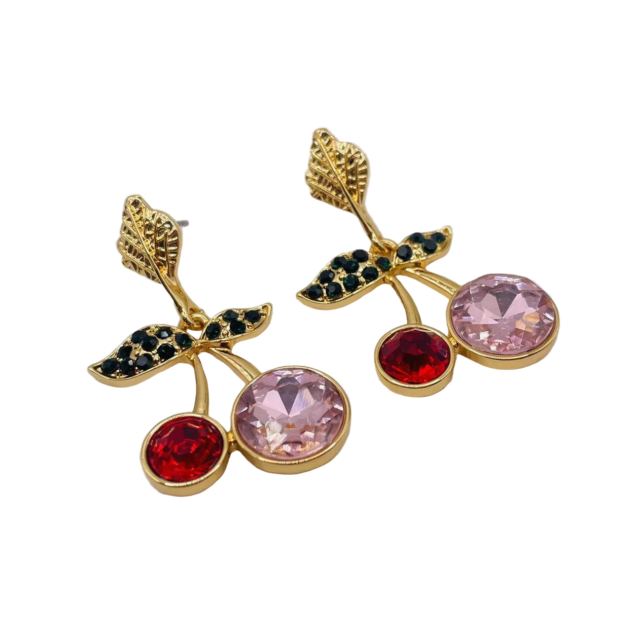 JI JOYA VENTA AL POR MAYOR|Pendientes Colgantes de Cerezo con Piedras Brillantes, Diseño de Fruta, Joyería Mayorista en Oro Rosa/Rojo para Mujer