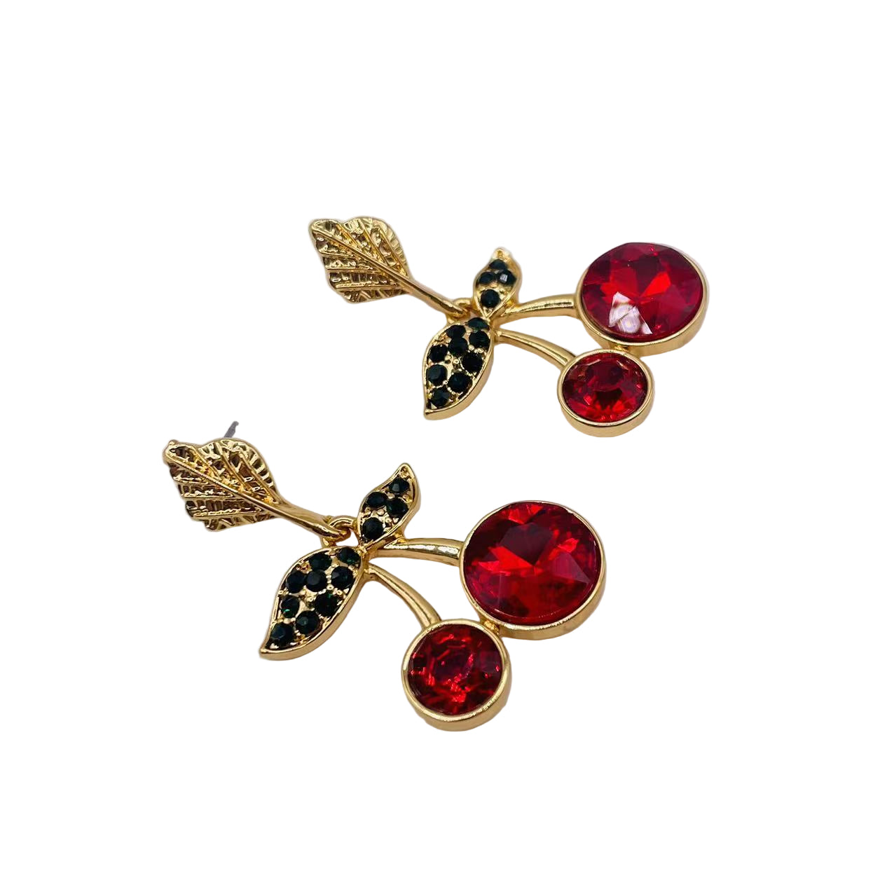 JI JOYA VENTA AL POR MAYOR|Pendientes Colgantes de Cerezo con Piedras Brillantes, Diseño de Fruta, Joyería Mayorista en Oro Rosa/Rojo para Mujer