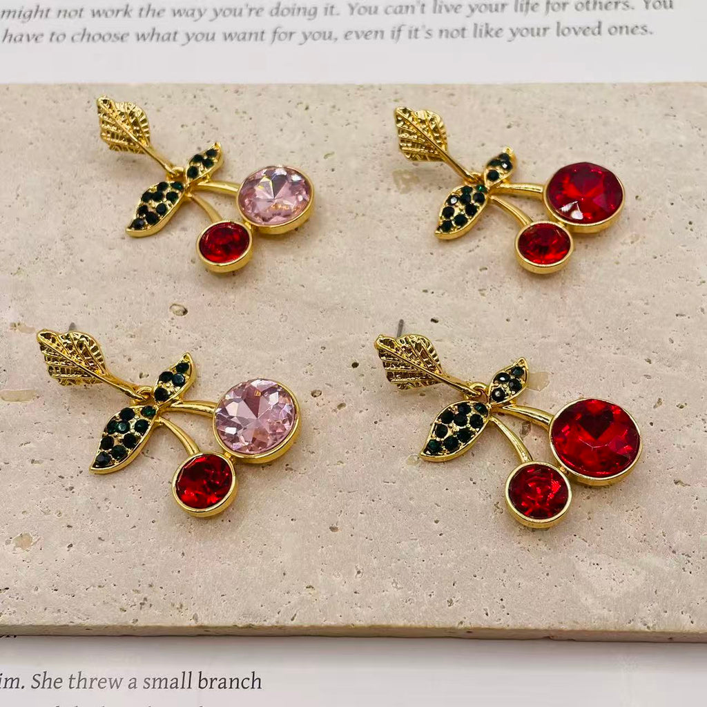 JI JOYA VENTA AL POR MAYOR|Pendientes Colgantes de Cerezo con Piedras Brillantes, Diseño de Fruta, Joyería Mayorista en Oro Rosa/Rojo para Mujer