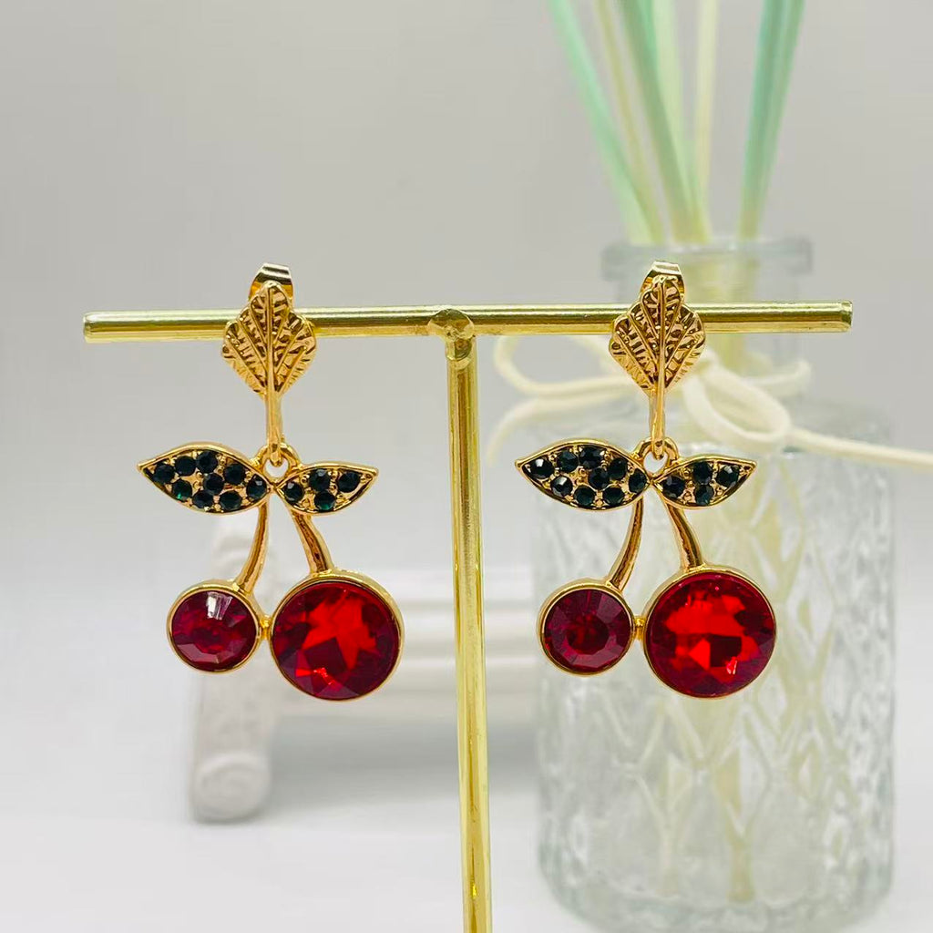 JI JOYA VENTA AL POR MAYOR|Pendientes Colgantes de Cerezo con Piedras Brillantes, Diseño de Fruta, Joyería Mayorista en Oro Rosa/Rojo para Mujer