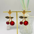 JI JOYA VENTA AL POR MAYOR|Pendientes Colgantes de Cerezo con Piedras Brillantes, Diseño de Fruta, Joyería Mayorista en Oro Rosa/Rojo para Mujer