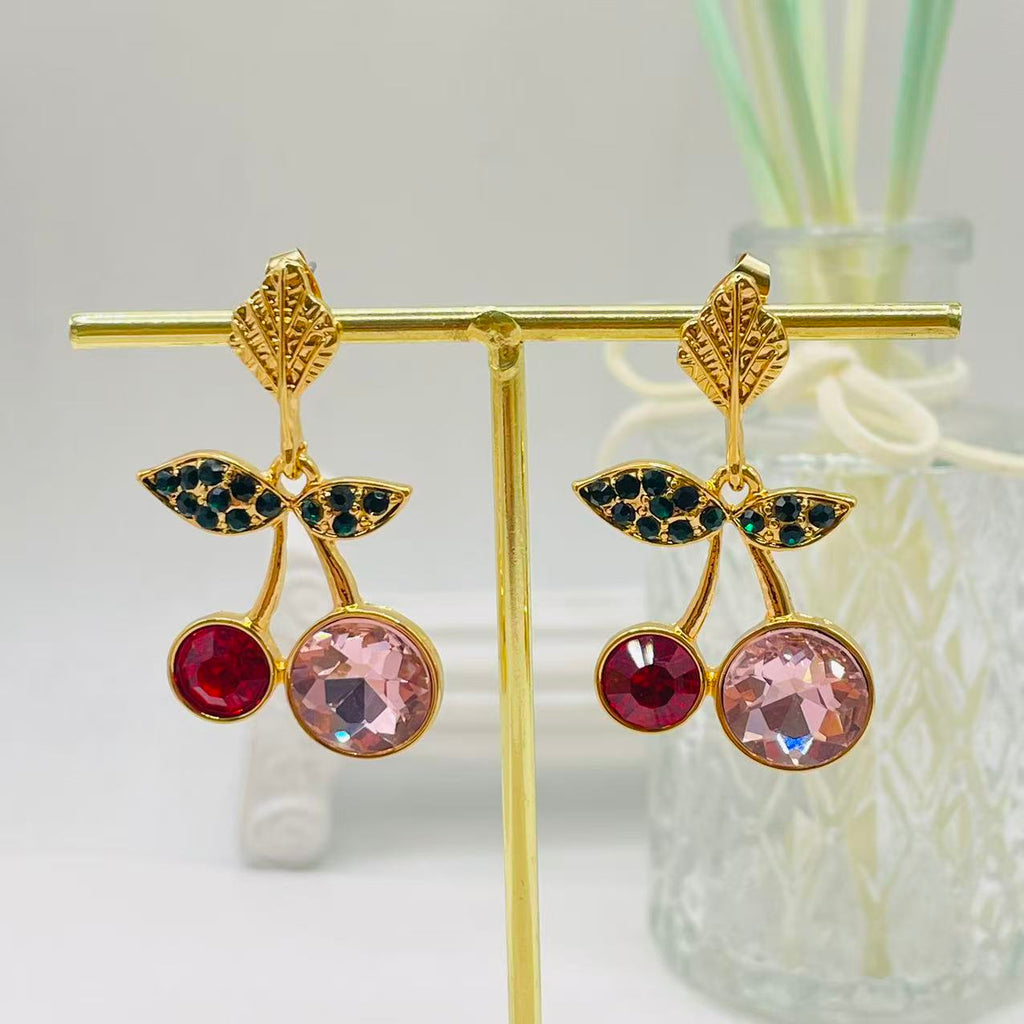 JI JOYA VENTA AL POR MAYOR|Pendientes Colgantes de Cerezo con Piedras Brillantes, Diseño de Fruta, Joyería Mayorista en Oro Rosa/Rojo para Mujer