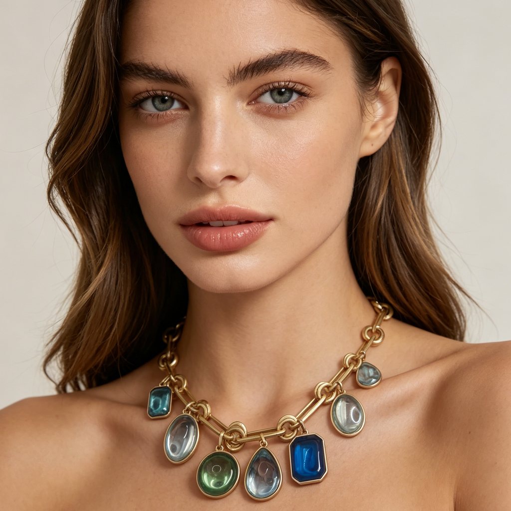 JI JOYA VENTA AL POR MAYOR|Set de Bisutería Vintage Dorada, Gargantilla y Aretes con Gemas en Tonos Azul Verde, Venta al Por Mayor Mayorista