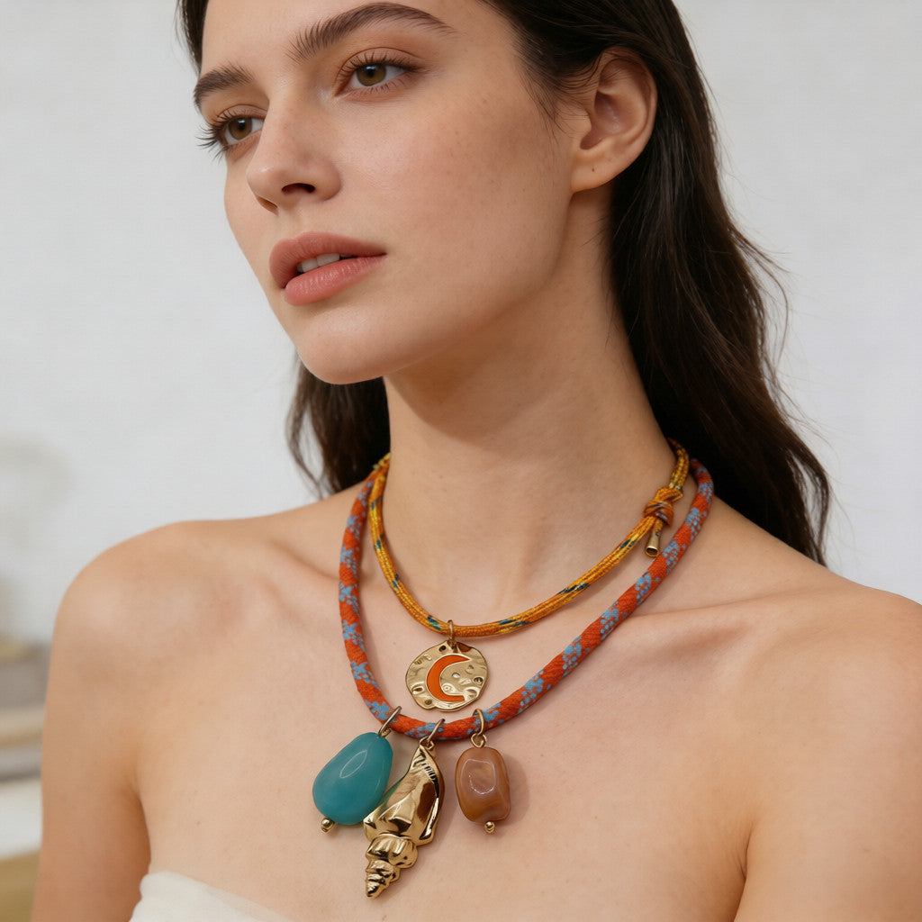 Bohemian Multilayer Necklace with Moon, Seashell, and Natural Stone Pendants – Summer Beach Vacation Jewelry