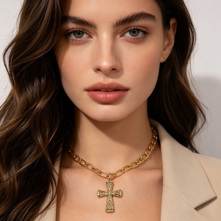 Collar Cruz Étnico Dorado | Joyería de Tendencia para Mayoristas de Moda|JI JOYA
