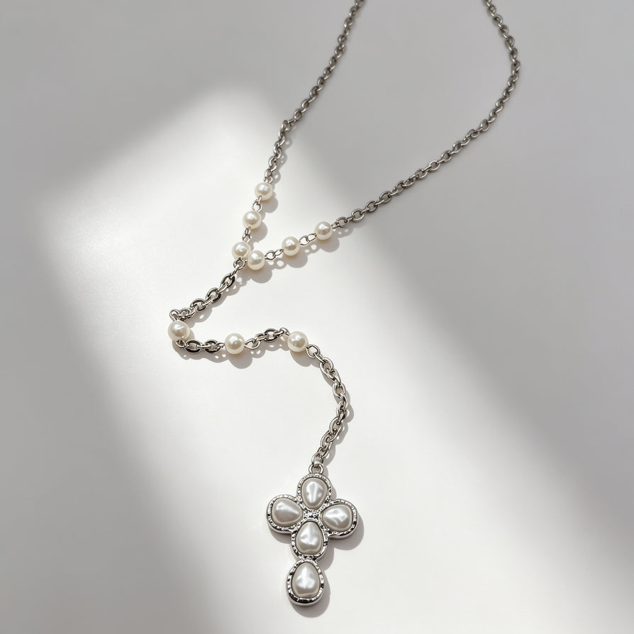 Collar de Perlas con Colgante de Cruz de Plata - Joyería Mayorista|JI JOYA