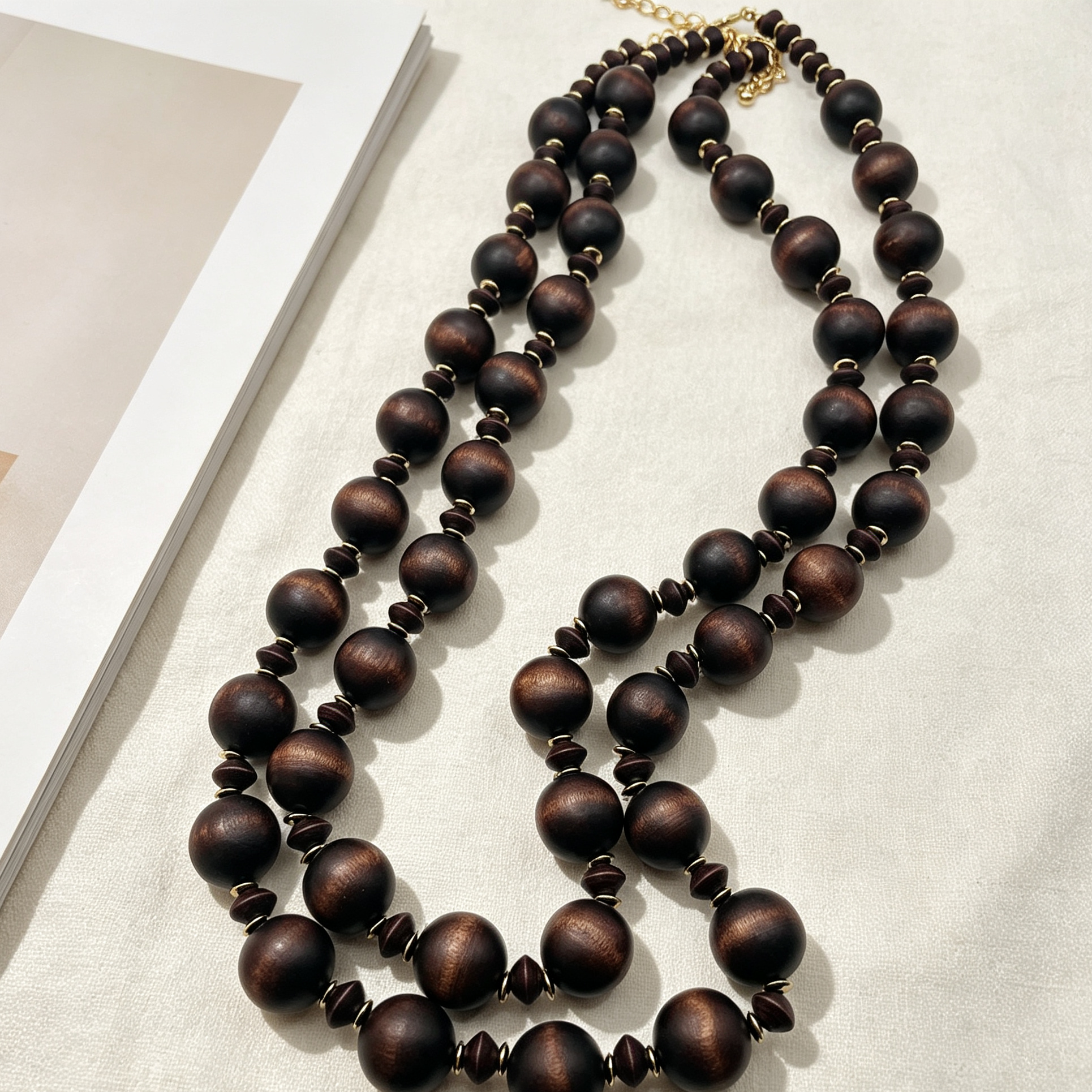 Collar largo doble capa con bolas de madera vintage, joyería étnica minimalista para mujer, suministro mayorista|JI JOYA