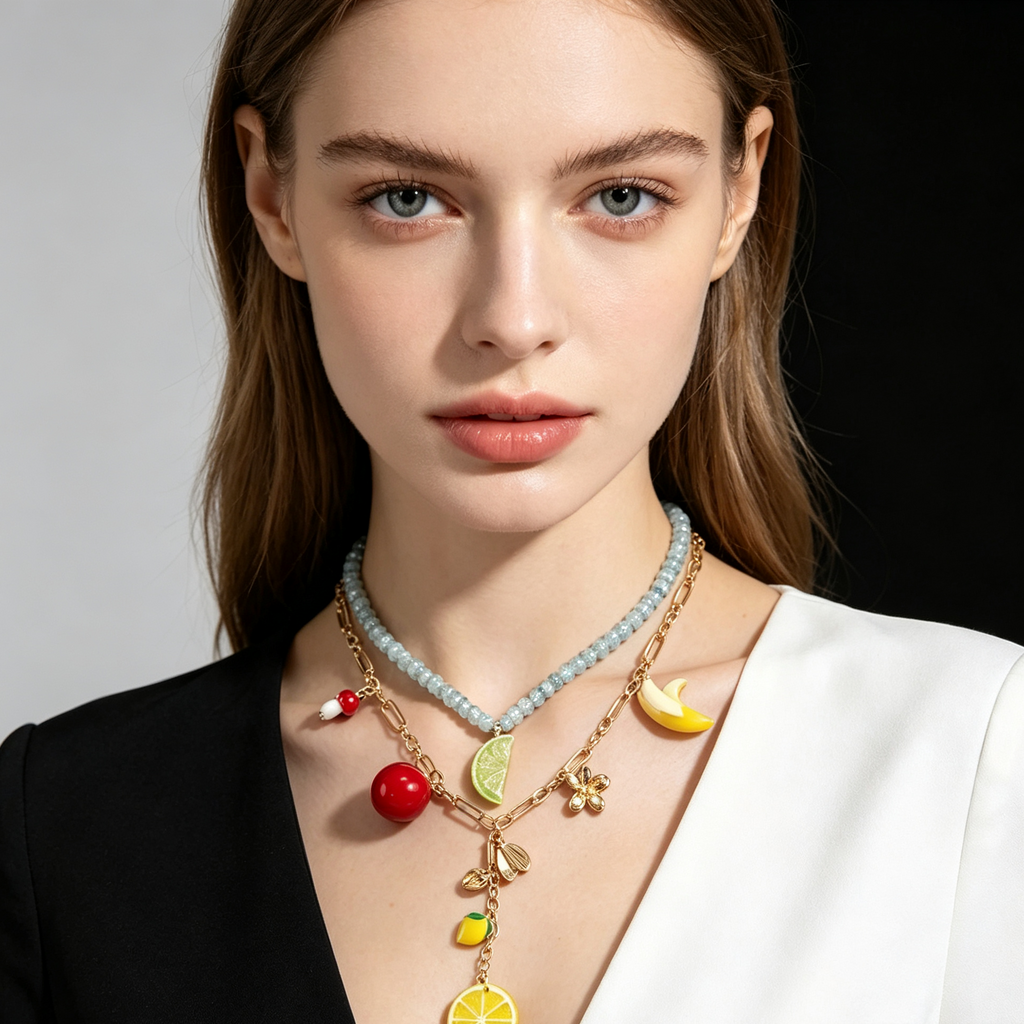 Collar doble capa con dijes de frutas, limón, cereza y plátano, joyería de moda mayorista|JI JOYA