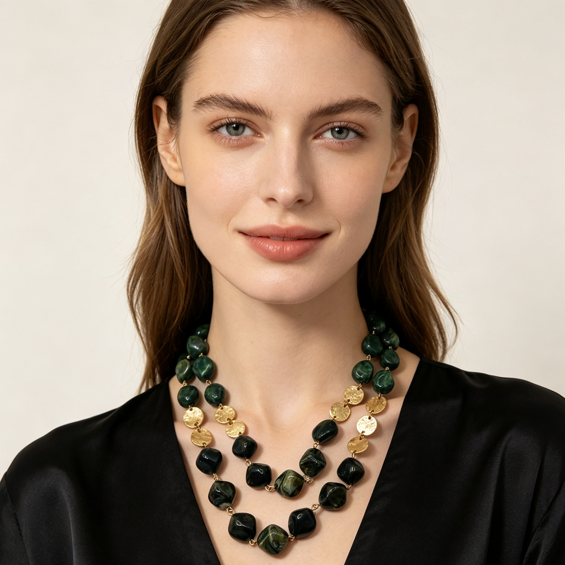 Collar doble capa piedras irregulares con discos dorados, accesorios de moda mayorista, disponible en 2 colores|JI JOYA
