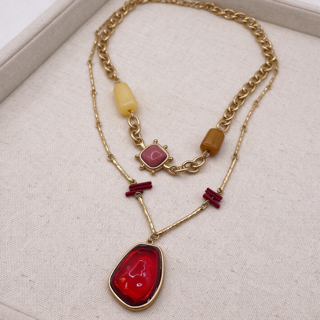 Collar doble de cadena con colgante rojo, joyería de moda al por mayor|JI JOYA