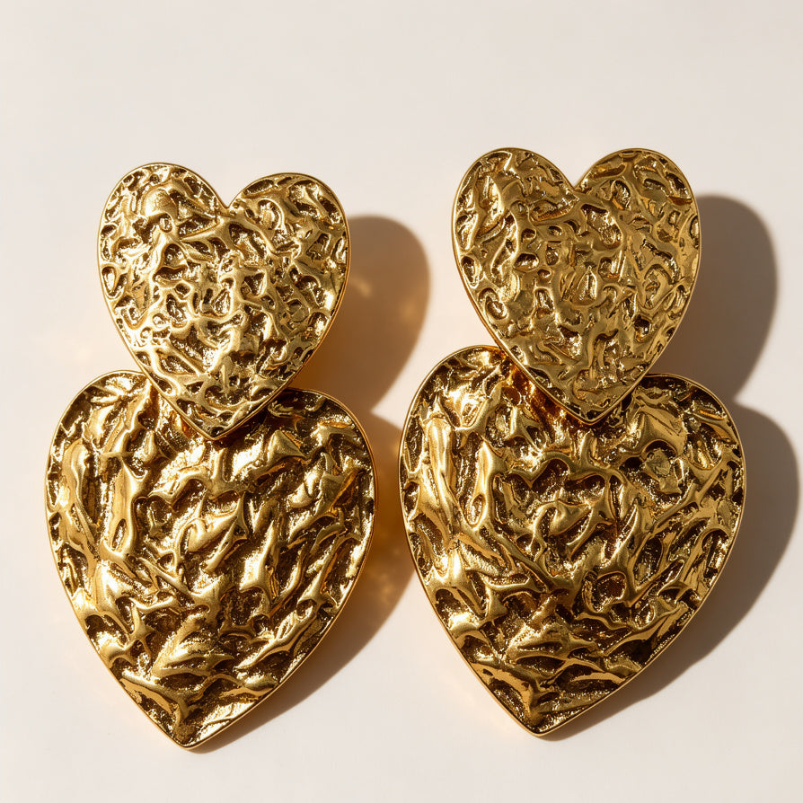 Pendientes de Corazón Texturizados en Oro - Joyería al Por Mayor para Minoristas|JI JOYA