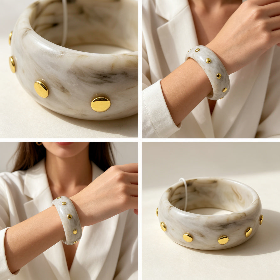 Brazalete de Resina Marmolizada con Remaches Dorados | Joyería Mayorista para Mujer|JI JOYA