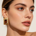 Pendientes Cuadrados Dorados con Piedra Ámbar | Joyería de Moda para Mujer | Venta al Por Mayor|JI JOYA