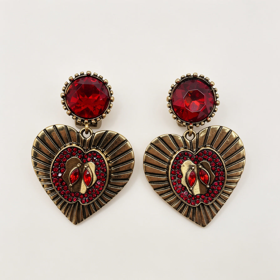 Arete Corazón Vintage con Cristal Rojo - Joyería al Por Mayor|JI JOYA