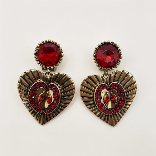Arete Corazón Vintage con Cristal Rojo - Joyería al Por Mayor|JI JOYA