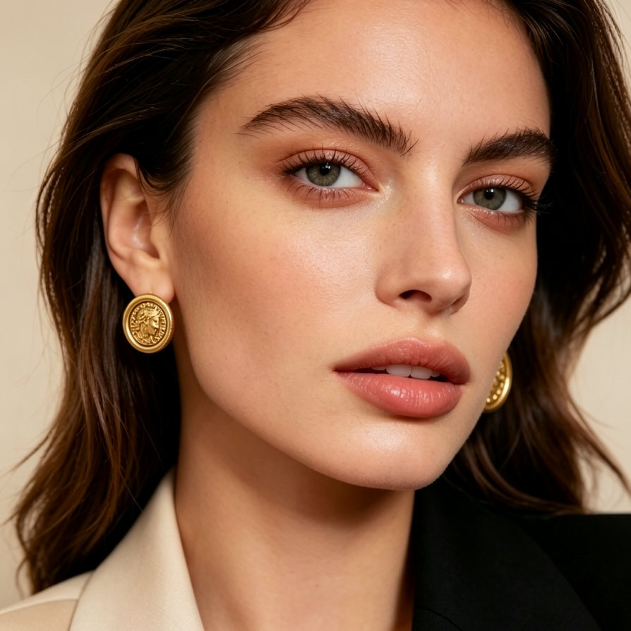 Aretes de Moneda Romana Vintage | Diseño Bicolor Oro/Plata | Joyería al por mayor para Mujeres|JI JOYA