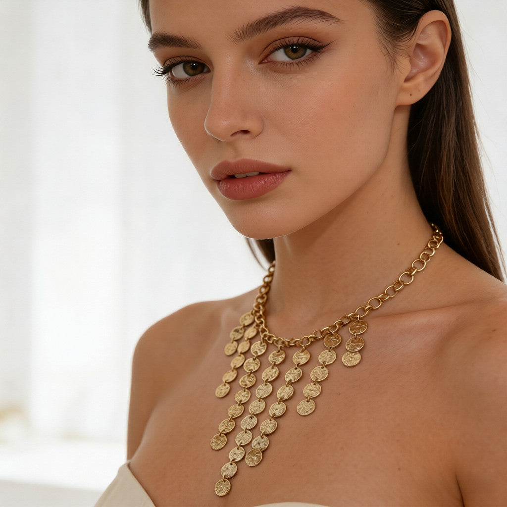 Conjunto de joyas con borlas y monedas de oro | Collar y pendientes bohemios chic