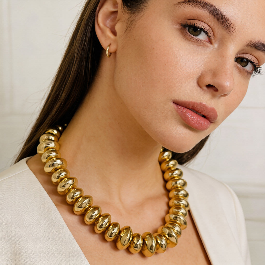 Collar retro con disco dorado llamativo | Gargantilla gruesa artesanal para uso diario y fiestas|JI JOYA