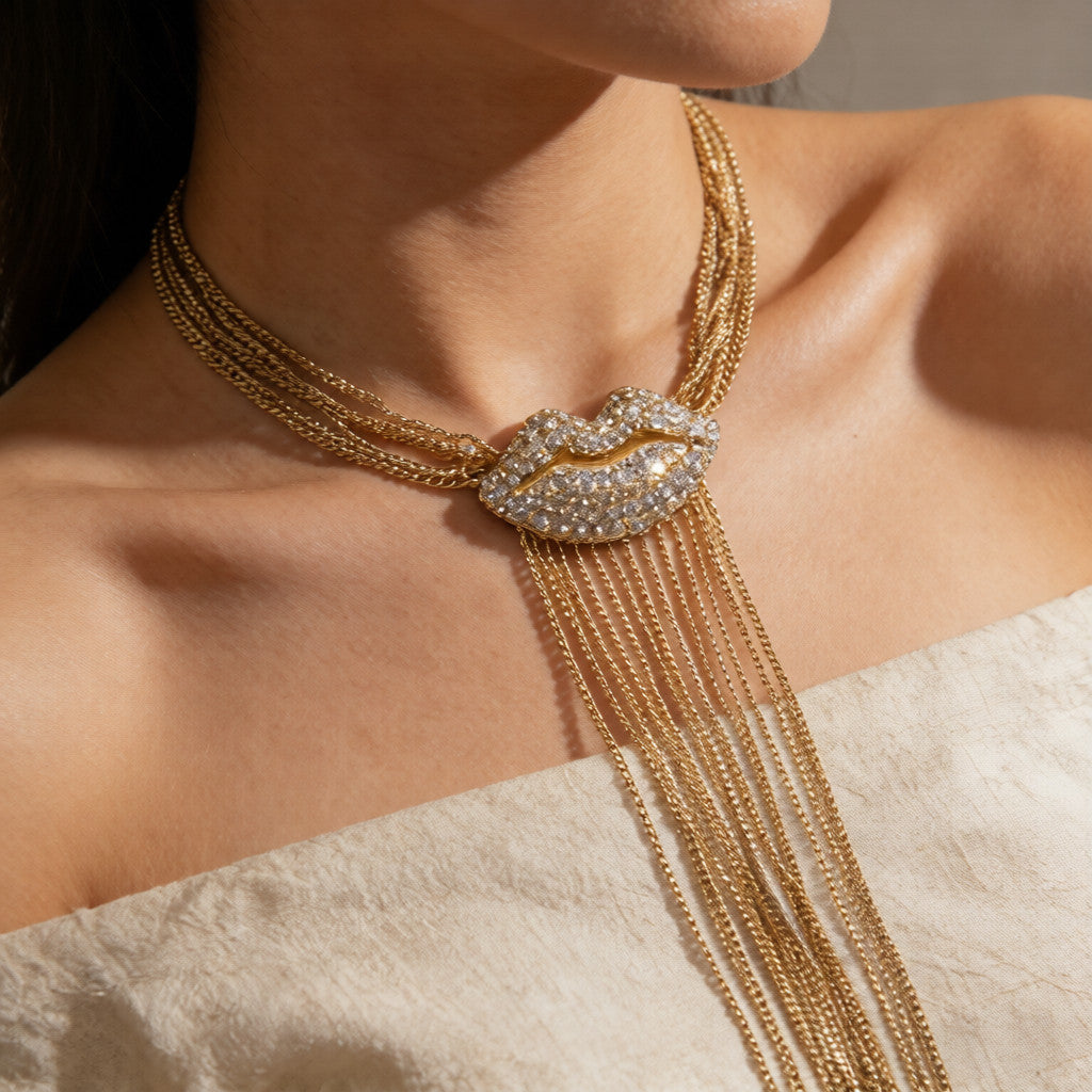 Collar de Labios de Cristal con Flecos Dorados - Joyería de Lujo para Fiesta