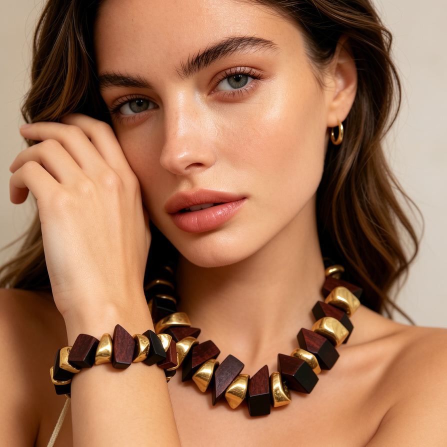 Set Collar Pulsera Geométrico Madera y Oro - Joyería Minimalista|JI JOYA