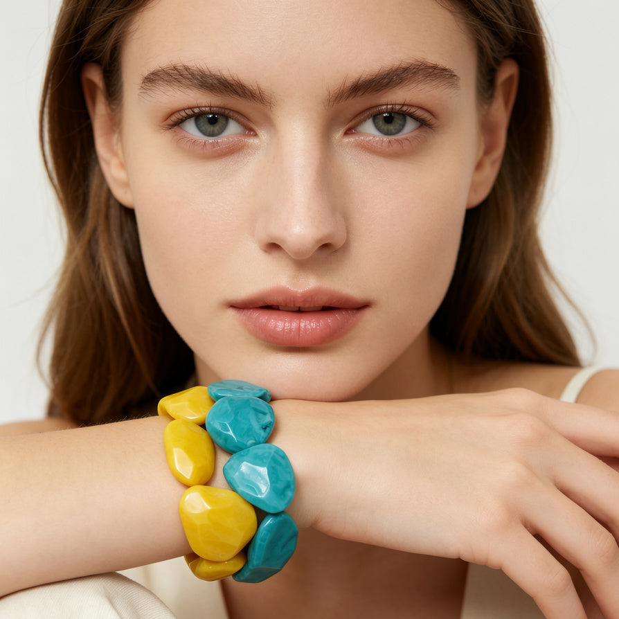 Pulsera de cuentas geométricas de resina, 2 colores combinados, pulsera de granos grandes al por mayor para accesorios de moda|JI JOYA