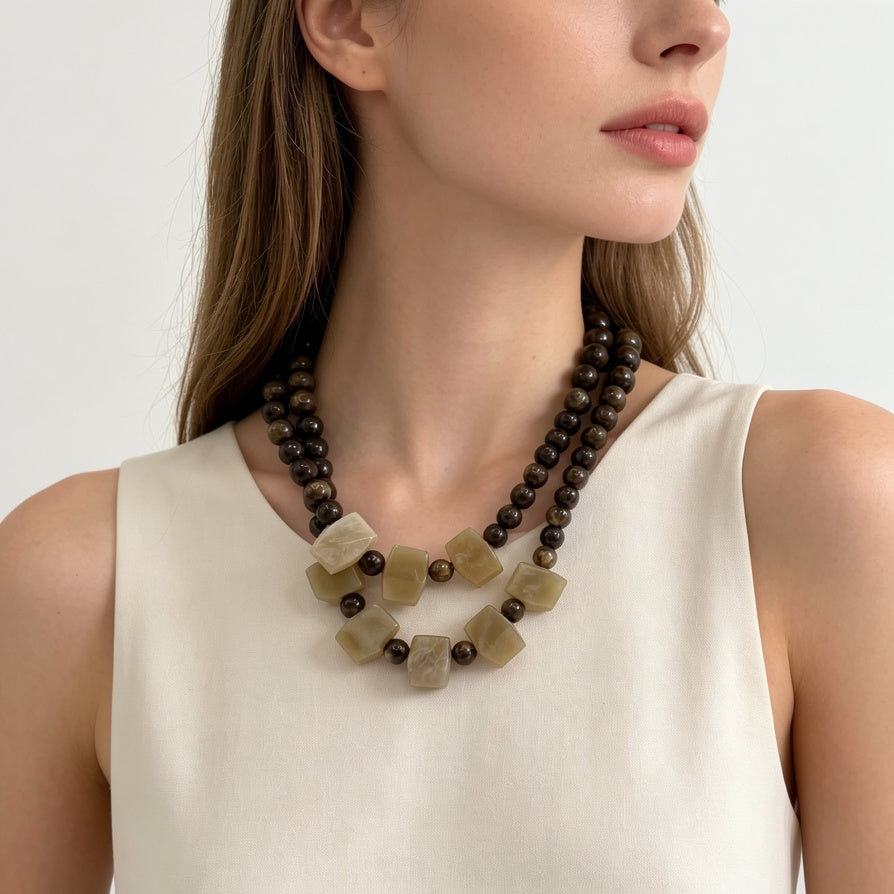 JI JOYA VENTA AL POR MAYOR|Collar Declaración de Doble Hilo con Cuentas Cuadradas | Joyería de Moda al Por Mayor para Mujeres