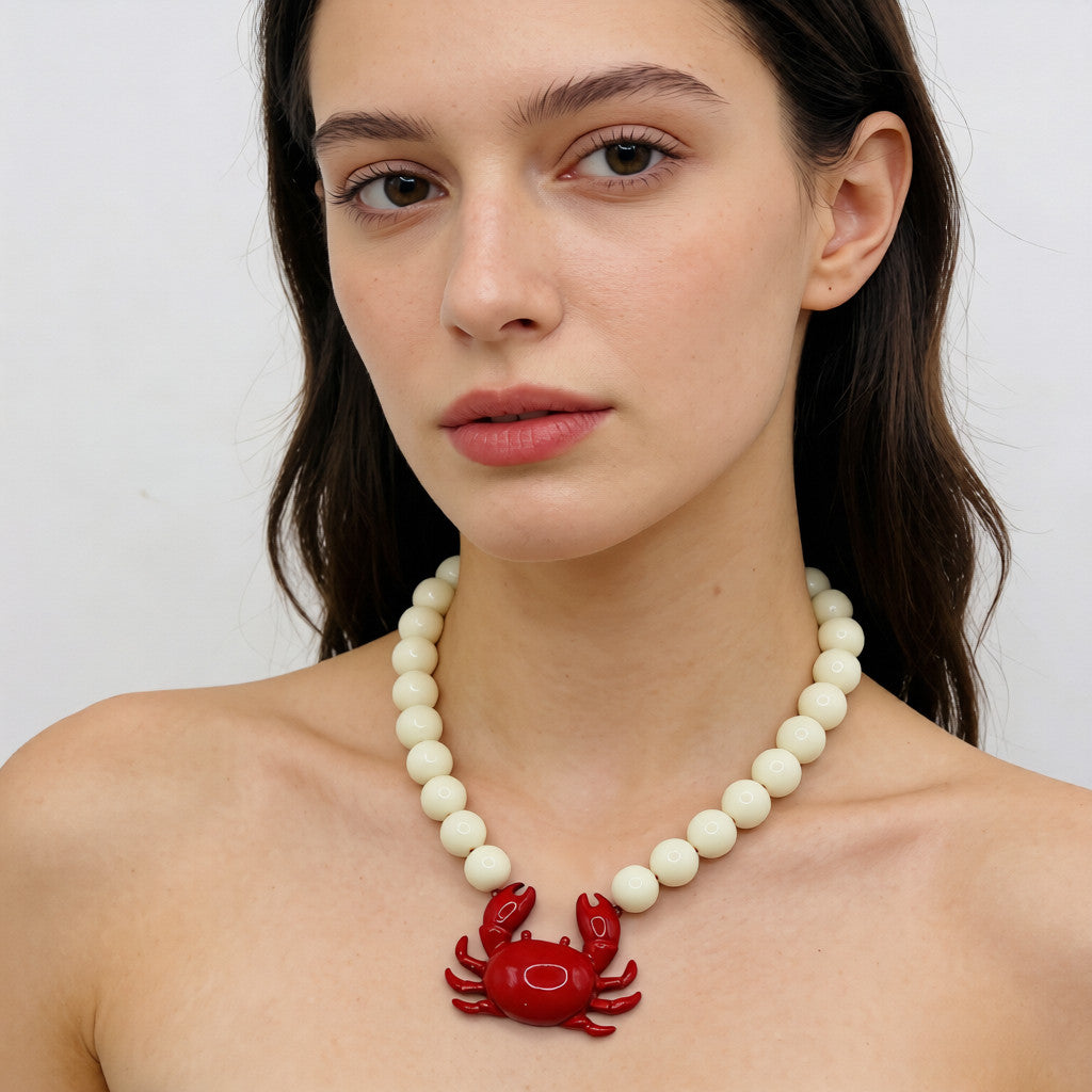 Collar de Moda con Cangrejo Rojo y Cuentas de Colores - Ideal para Looks Casuales