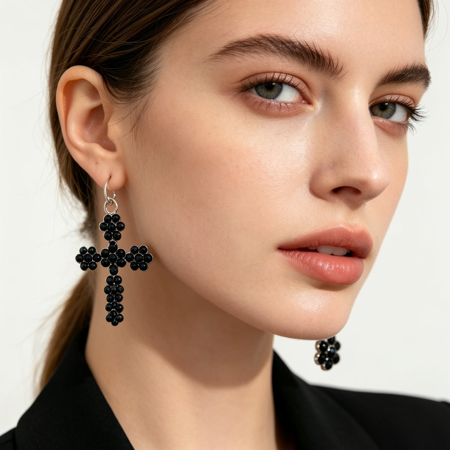 Pendientes Cruz Flores Negro Cristal | Bisutería Moda Zinc Al Por Mayor para Mujer|JI JOYA