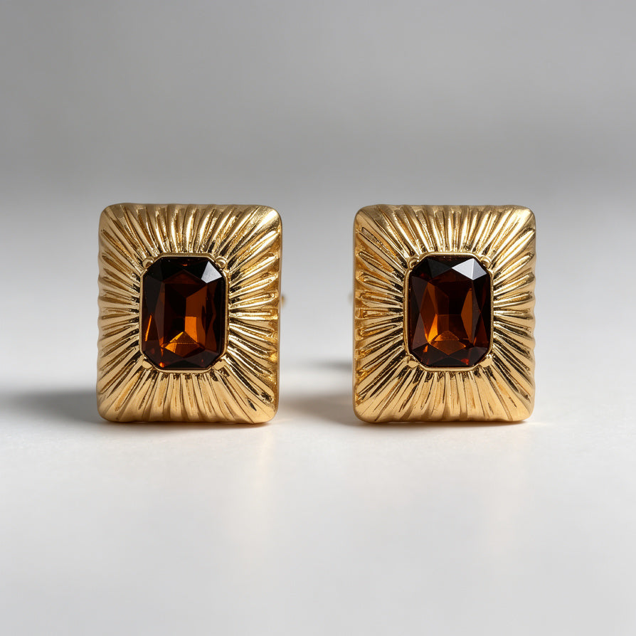 Pendientes Cuadrados Dorados con Piedra Ámbar | Joyería de Moda para Mujer | Venta al Por Mayor|JI JOYA