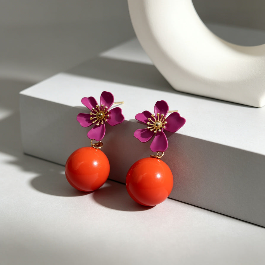Pendientes de Flor Magenta con Bola Naranja - Joyería de Moda al Por Mayor|JI JOYA