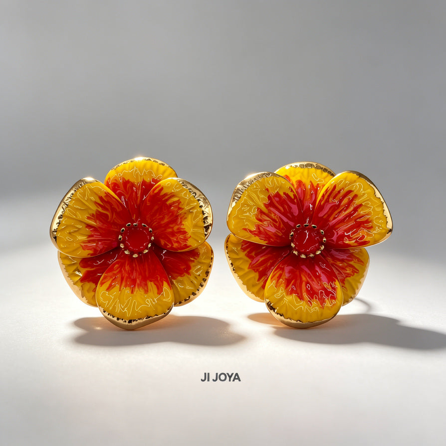 Aretes de Flor Grande con Esmalte Amarillo-Rojo | Joyería al Mayoreo para Mujer | Pendientes de Temporada| JI JOYA
