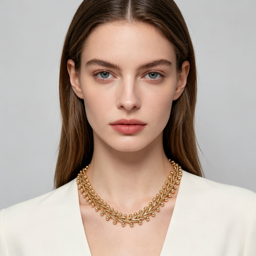 JI JOYA VENTA AL POR MAYOR|Collares de Moda en Zinc Aleación, Diseño de Hojas y Bolas, 3 Colores (Oro Rosa/Oro/Plata), Joyería al Por Mayor para Mujer