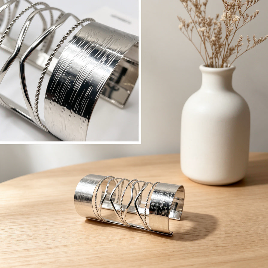 Brazalete de Metal Ondulado Texturizado, Pulsera Abierta de Gran Tamaño para Mujer, Accesorio de Moda al Por Mayor, Disponible en Oro y Plata|JI JOYA