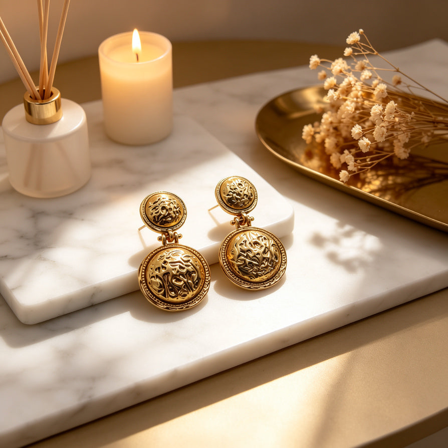 Pendientes Árabes Vintage Moneda, Bisutería de Aleación de Zinc de Moda Mayorista, Pendientes Doble Círculo Lujo para Mujer|JI JOYA