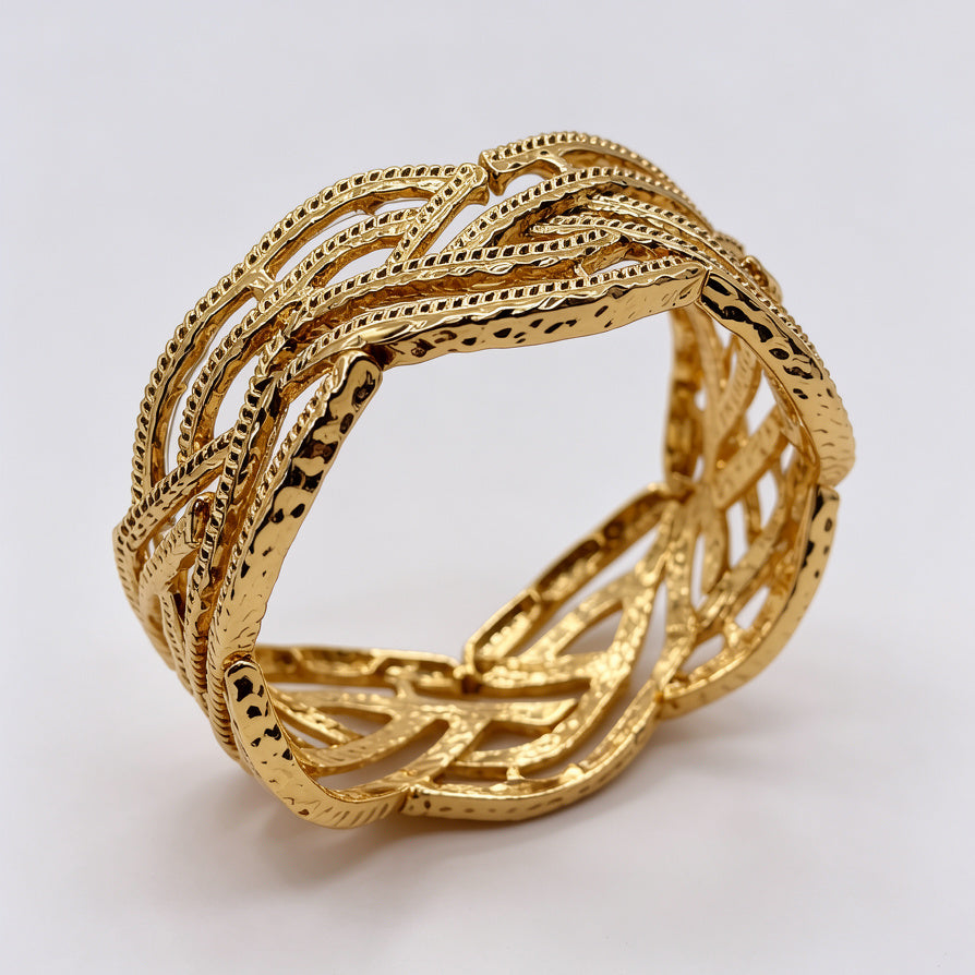 Pulsera Brazalete de Metal Entrelazado - Diseño Texturizado Vintage, Disponible en Dorado y Plateado, Venta al Mayoreo para Joyería Moda|JI JOYA