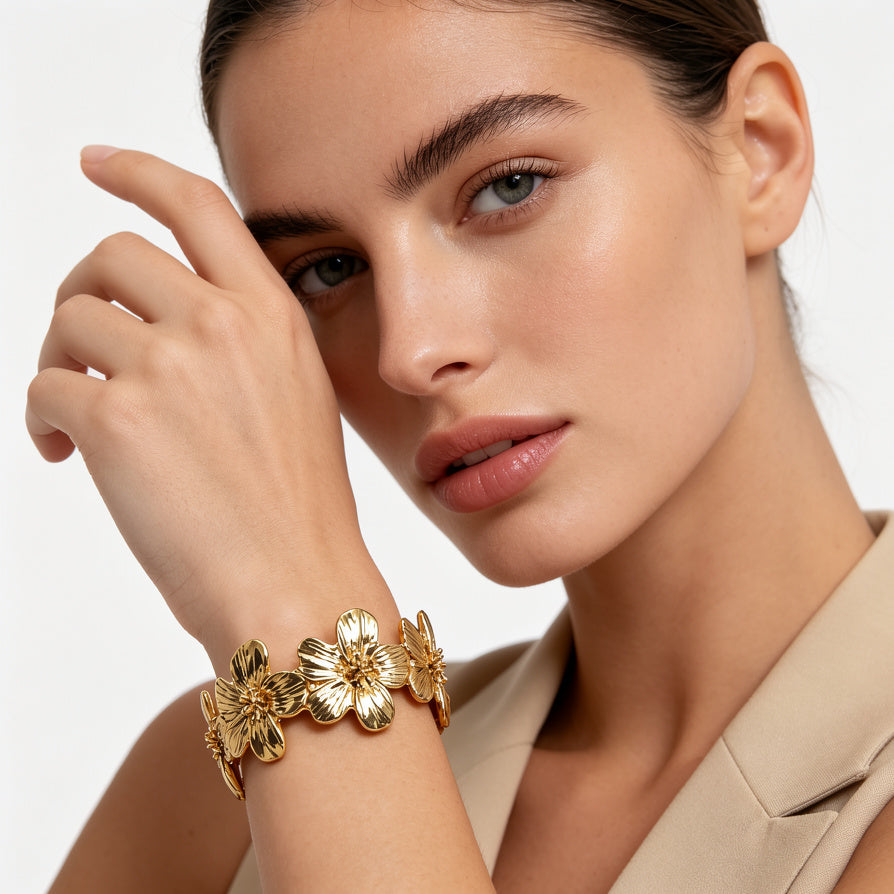 Brazalete Ajustable de Flores 3D en Aleación | Dorado/Plata | Joyería de Moda Mayorista para Mujer|JI JOYA