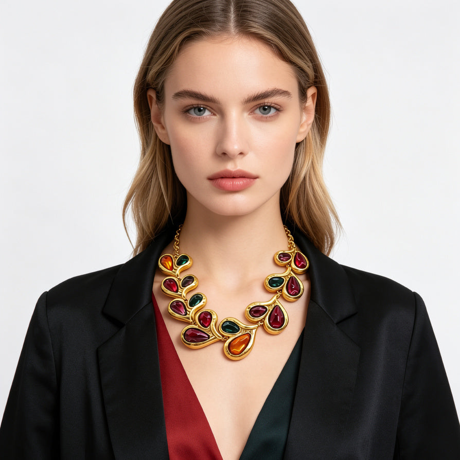 Set de Joyería Vintage Dorada con Piedras Multicolores | Collar + Pendientes + Cinturón - Venta al Por Mayor|JI JOYA