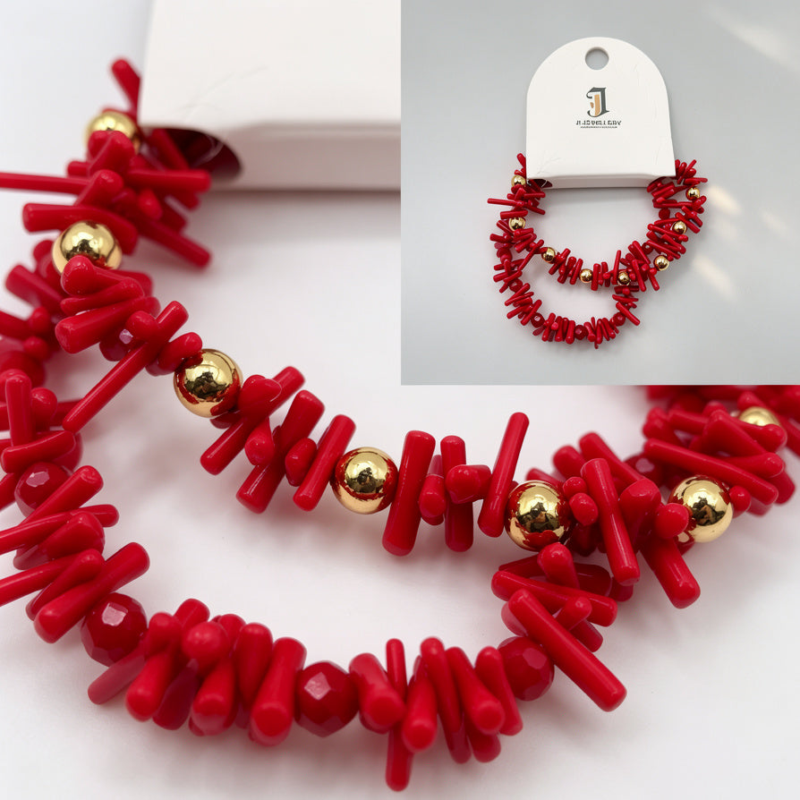 Pulsera de Coral Rojo con Bolas Doradas | Mayorista de Bisutería Moda al Por Mayor|JI JOYA