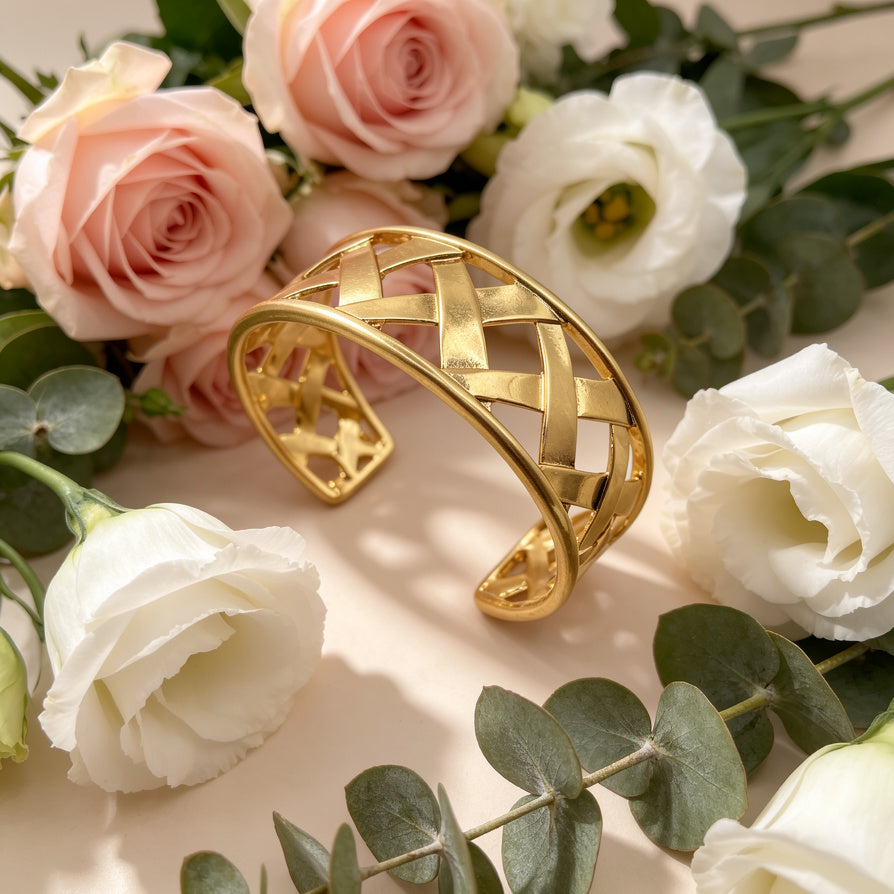 Pulsera Brazalete Ajustable de Oro - Diseño Trenzado Calado | Joyería Mayorista|JI JOYA